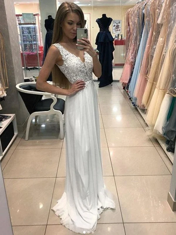 evening gown with fringe-A Line V Neck Lace Beading White Chiffon Long Prom, White Lace Formal, V Neck Lace White Evening