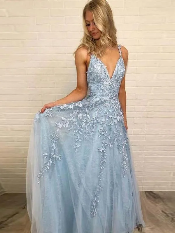 elegant white evening gown-A Line V Neck Lace Sky Blue Long Prom, Sky Blue Lace Formal, V Neck Sky Blue Evening