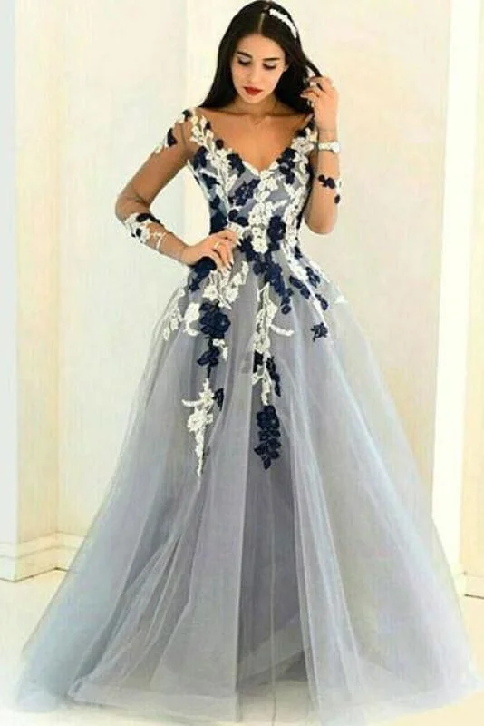 evening gown with keyhole-A-line V-neck Long Sleeves Tulle Dress with Appliques Cheap Prom Gown