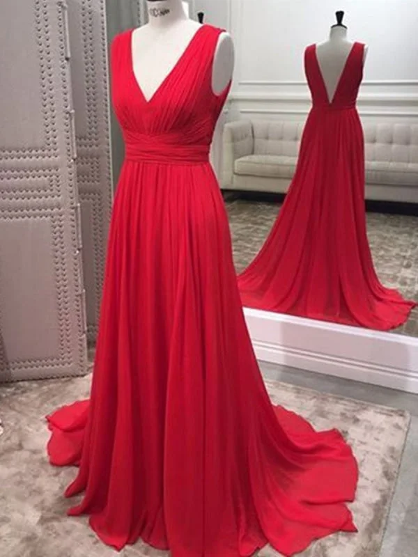 sleeveless evening dress-A Line V Neck Open Back Red Chiffon Ruffles Long Prom, V Neck Backless Red Formal, Red Evening