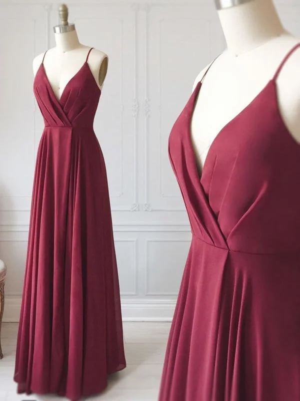 elegant cocktail evening gown-A Line V Neck Pleated Burgundy Long Prom, Floor Length Burgundy Formal Evening Graduation