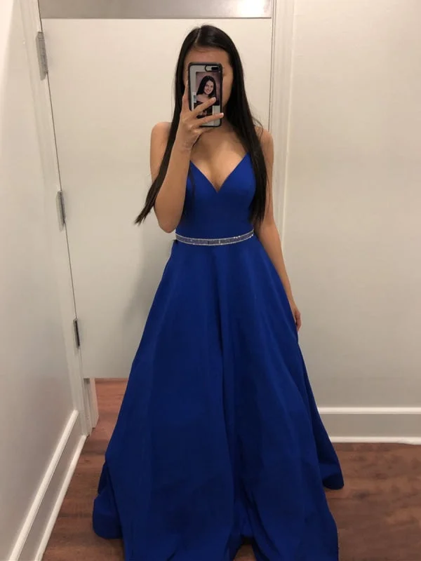 evening dress with plunging neckline-A Line V Neck Royal Blue Long Prom with Belt, Royal Blue Formal, Evening