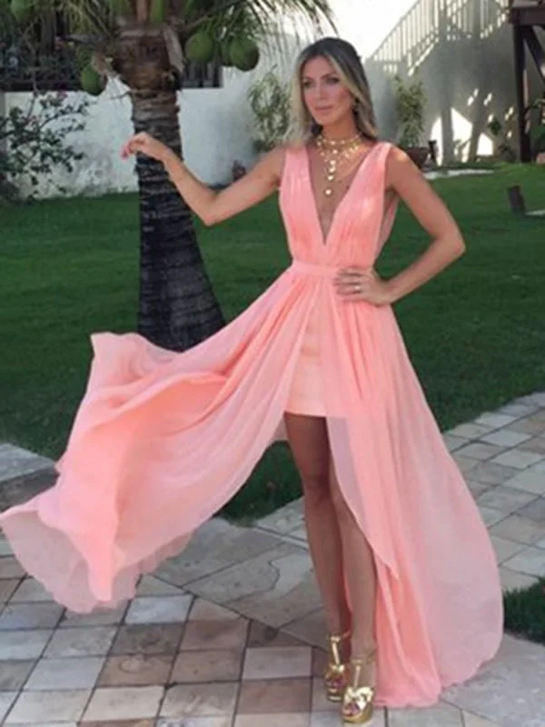 evening gown for prom-A Line V Neck Ruffles Pink Chiffon Long Prom, Pink V Neck Formal, Pink Long Evening