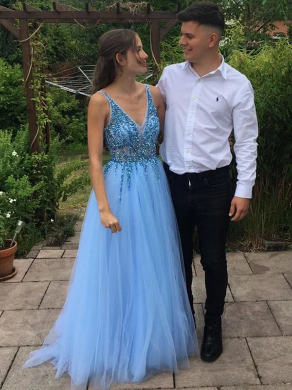 illusion back evening gown-A Line V Neck Sequins Light Blue Prom, V Neck Blue Formal, Blue Evening