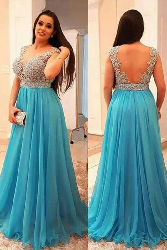 classic black evening dress-A-Line V-neck Sleeveless Beading Brush Train Chiffon Plus Size Prom Dresses