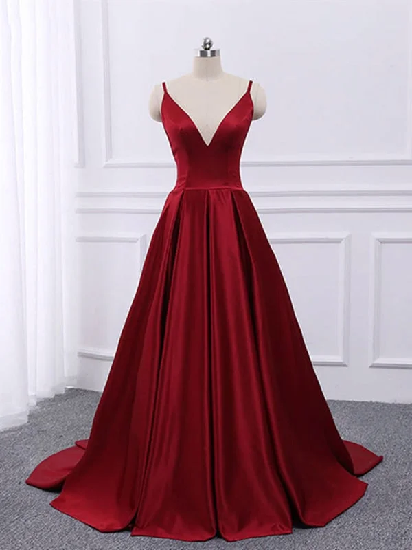 sheer sleeve evening dress-A Line V Neck Spaghetti Straps Backless Burgundy Satin Long Prom, V Neck Burgundy Formal, Burgundy Evening