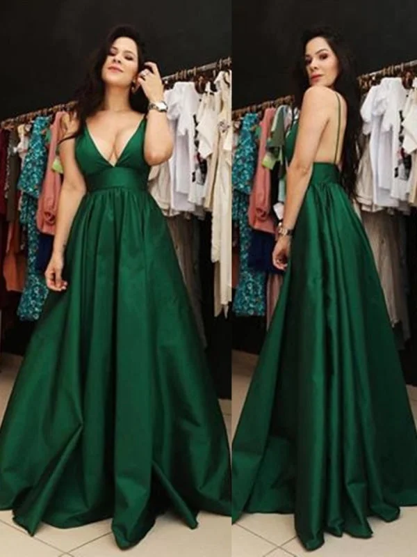 sophisticated evening gown-A Line V Neck Spaghetti Straps Backless Satin Dark Green Prom with Pockets, Dark Green Backless Formal, Evening