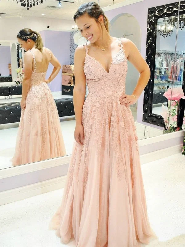 beaded evening gown-A Line V Neck Spaghetti Straps Lace Appliques Pink Prom, V Neck Lace Pink Formal, Pink Evening