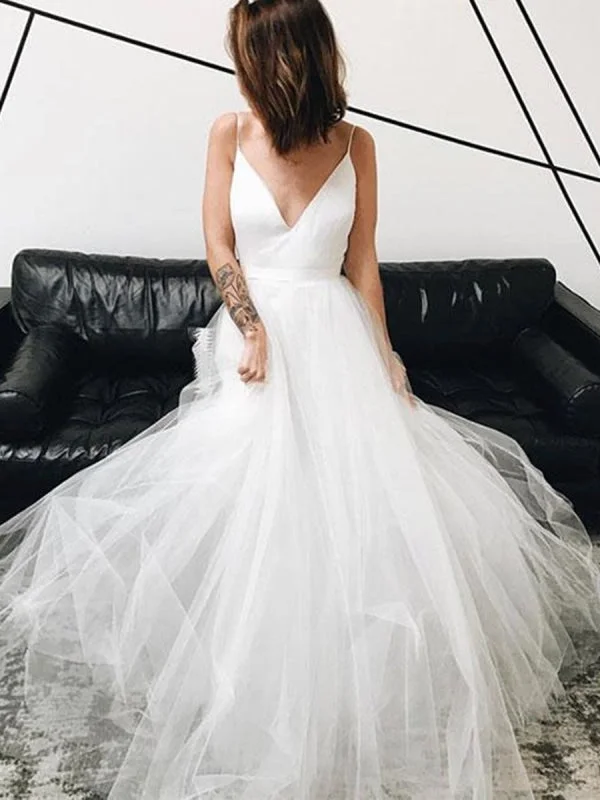 scalloped hem evening gown-A Line V Neck White Tulle Long Prom, V Neck White Wedding, White Formal, Evening