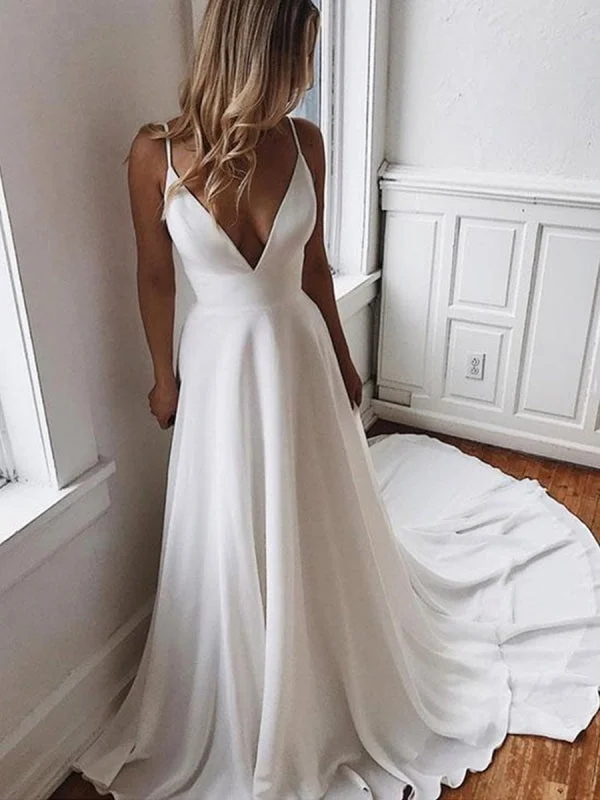 glamorous evening dress-A Line V Neck White Wedding with Sweep Train, White V Neck Long Prom, White Formal Evening