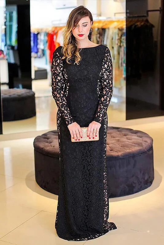 evening gown with sequins-Amazing Latest Modest Elegant Black Long Sleeves Backless Floor-length Bateau Lace Plus Size Prom Dress