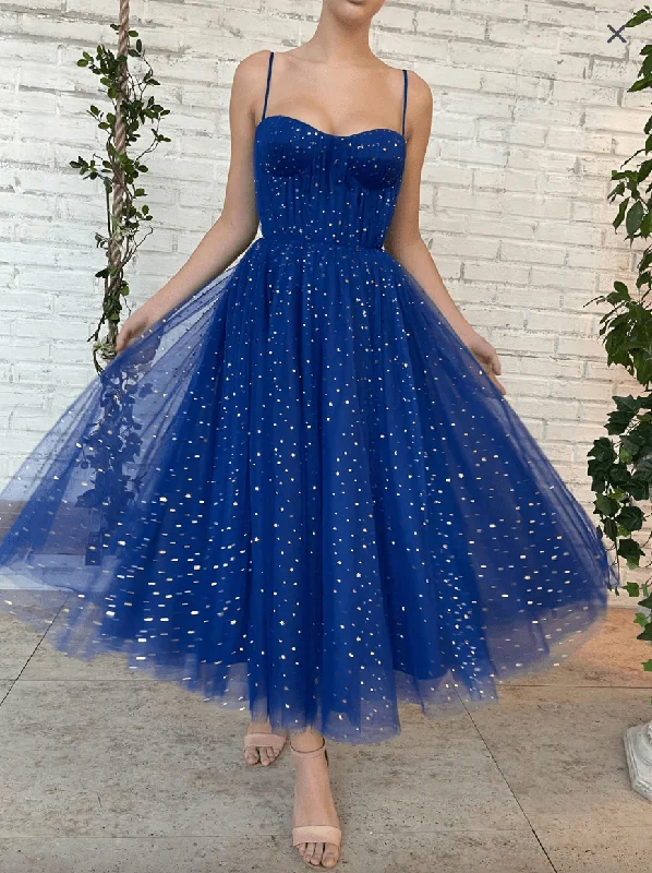 modest evening dress-Ankle Length Prom Dresses Spaghetti Straps Royal Blue