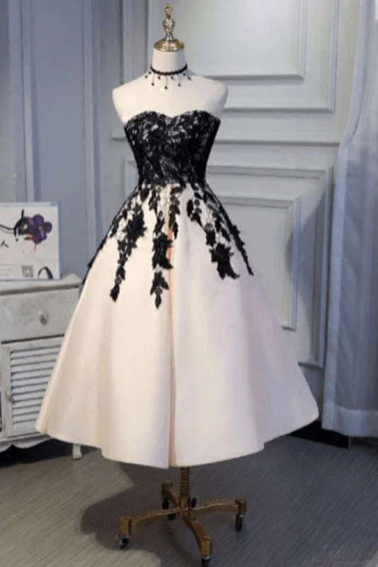 evening dress with beads-Ankle Length Strapless Prom with Black Lace A Line Princess Homecoming Dress