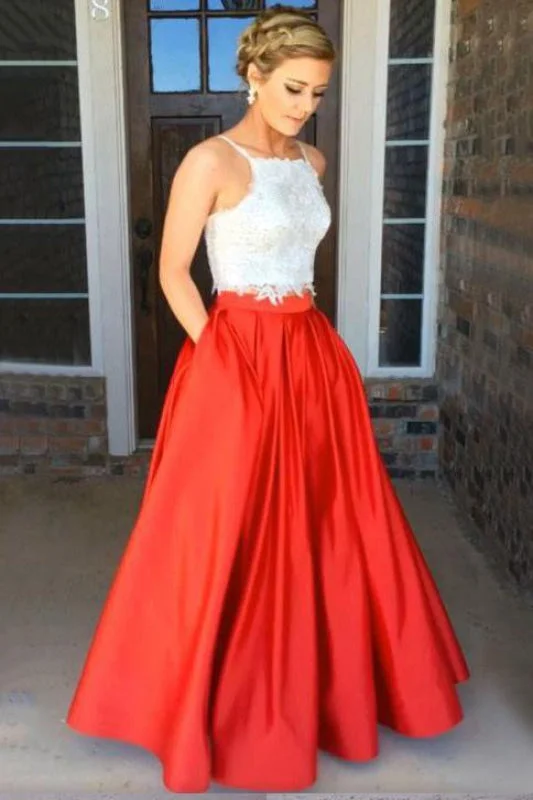 pleated evening dress-Awesome Fascinating Fashion Red Two Piece Square Neck Satin with Appliques Lace Prom Dress Long