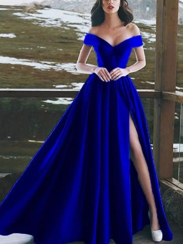 evening gown with sequins-Sleeveless Off-The-Shoulder Floor-Length With Ruffles Satin Dresses