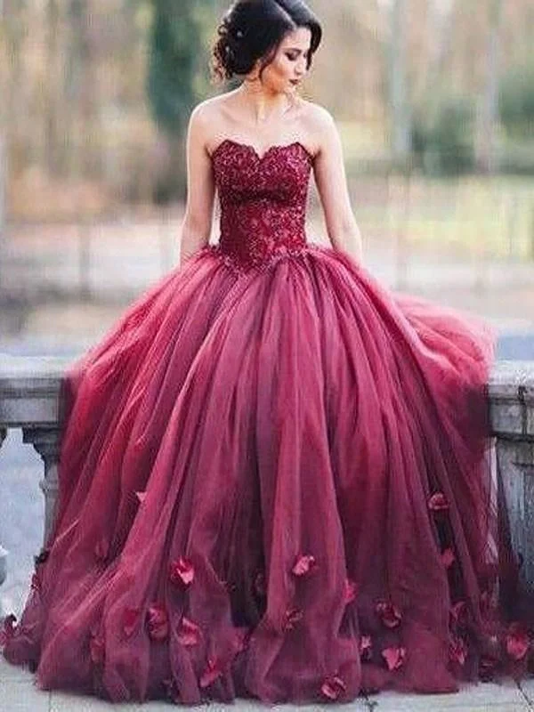 spaghetti strap evening dress-B| Bridelily Ball Gown Sleeveless Sweetheart With Applique Floor-Length Tulle Dresses