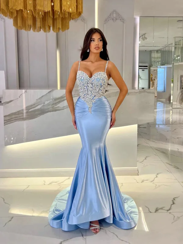 evening gown with cape-Baby Blue Mermaid Prom Dress Long Sweetheart Sleeveless with Beads