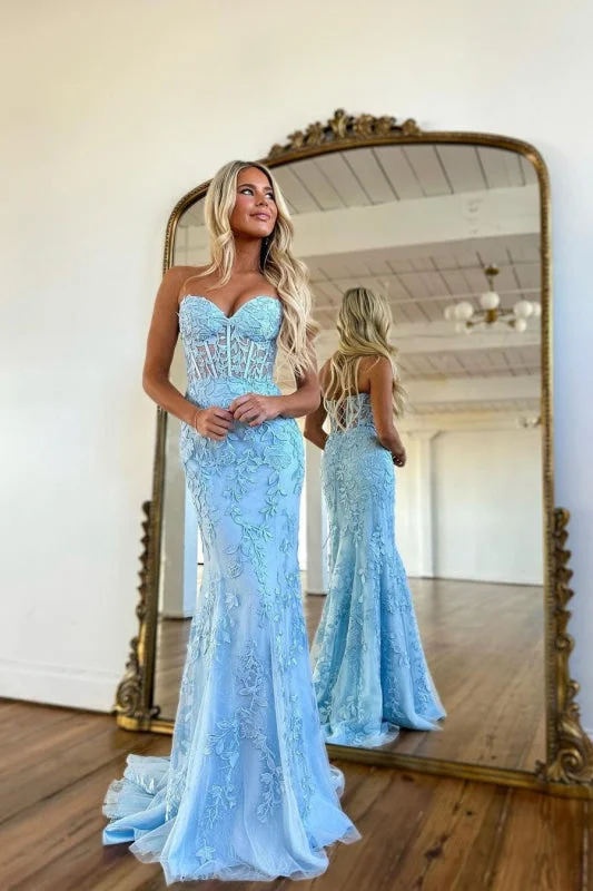 evening gown with train-Baby Blue Prom Dress Ball Gown with Mermaid Appliques