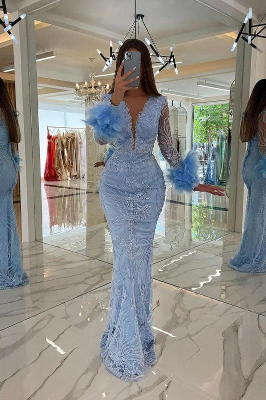 satin evening dress-Baby Blue Prom Dress V-Neck Sequins with Feather Appliques