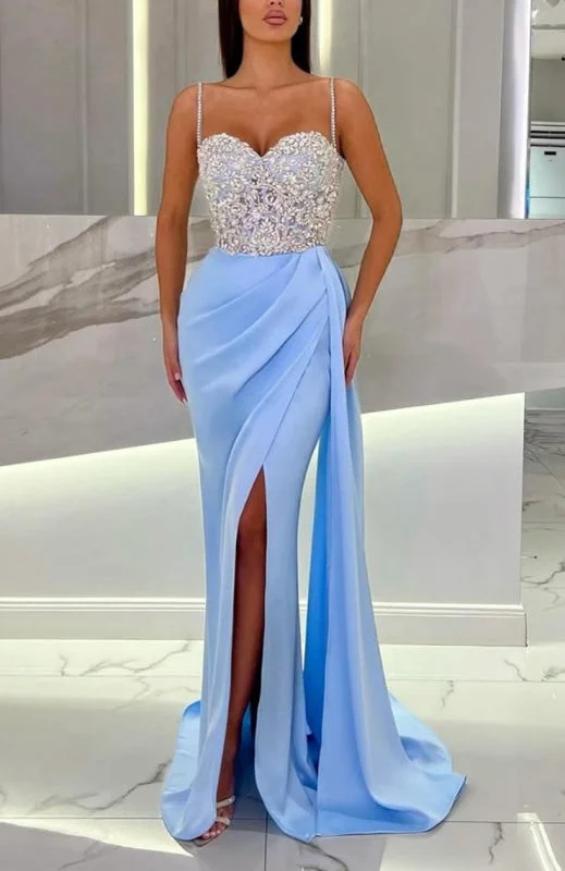 off-the-shoulder evening gown-Baby Blue Prom Dress with High Slit, Spaghetti Strap Sweetheart Appliques