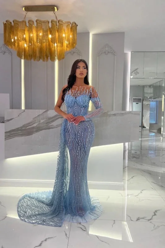 elegant white evening gown-Baby Blue Strapless Beaded Mermaid Prom Dress