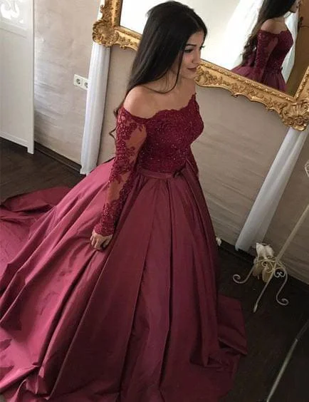 high slit evening gown-Ball Gown Burgundy Prom Dresses with Appliques Waist with Sash