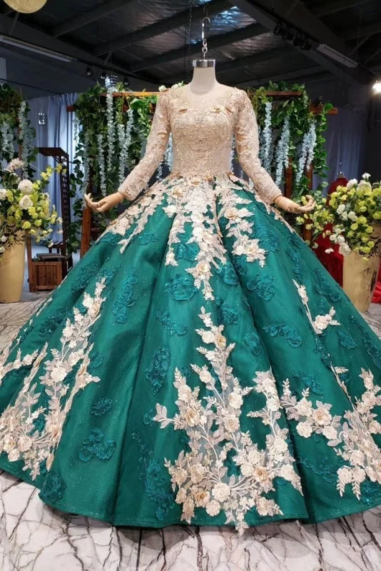 floral print evening dress-Ball Gown Long Sleeves Floor Length Prom Dress with Appliques Quinceanera Dresses