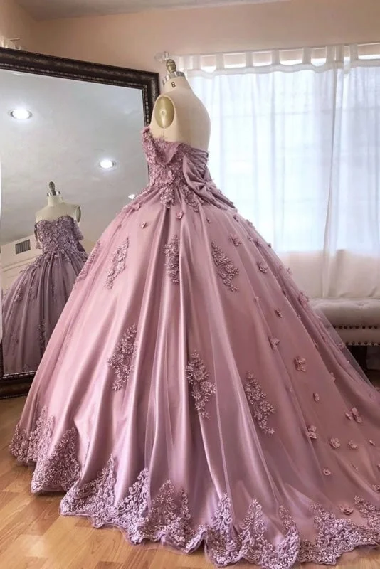 sleeveless tulle evening dress-Ball Gown Off the Shoulder Tulle Quinceanera with Lace Appliques Puffy Prom Dress