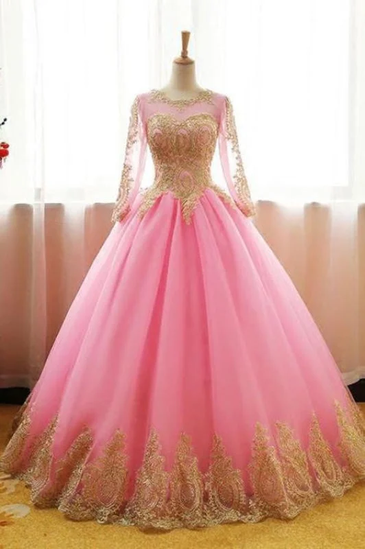 high-low evening gown-Ball Gown Pink Tulle Prom with Gold Appliques Long Sleeves Quinceanera Dress