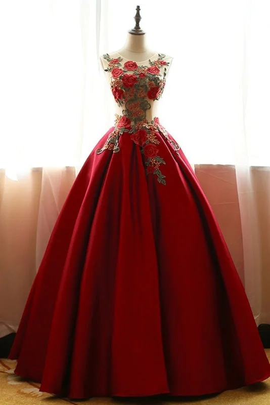 scalloped hem evening gown-Ball Gown Red Floor-length Scoop Sleeveless rose applique Prom Elegant Formal Dresses