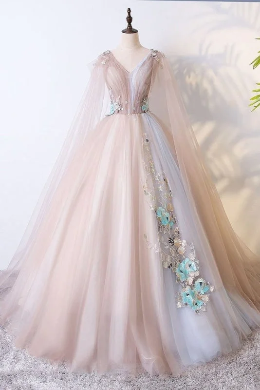 mermaid evening dress-Ball Gown V Neck Tulle Prom Dress with Appliques Unique Floor Length Quinceanera Dresses