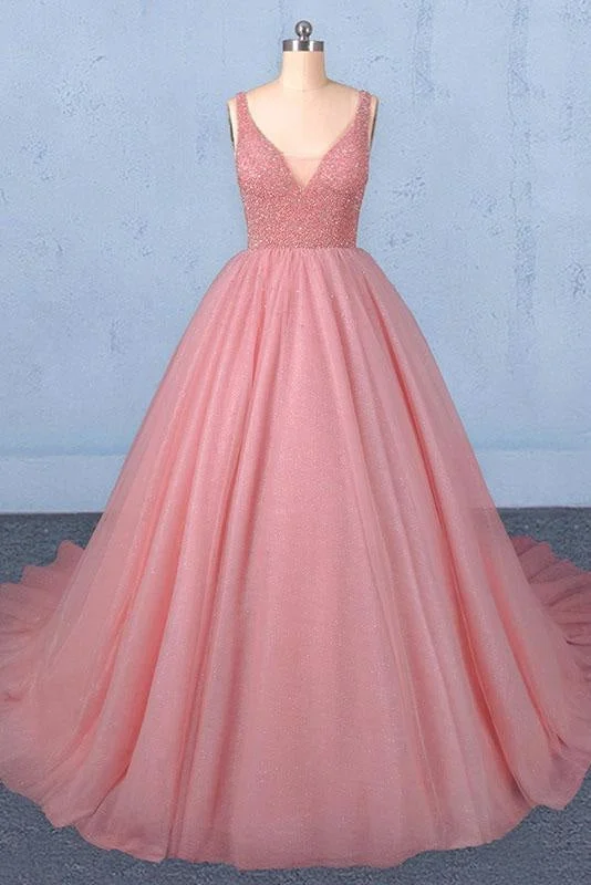 evening dress with ruffles-Ball Gown V Neck Tulle Prom Dress with Beads Puffy Sleeveless Quinceanera Dresses