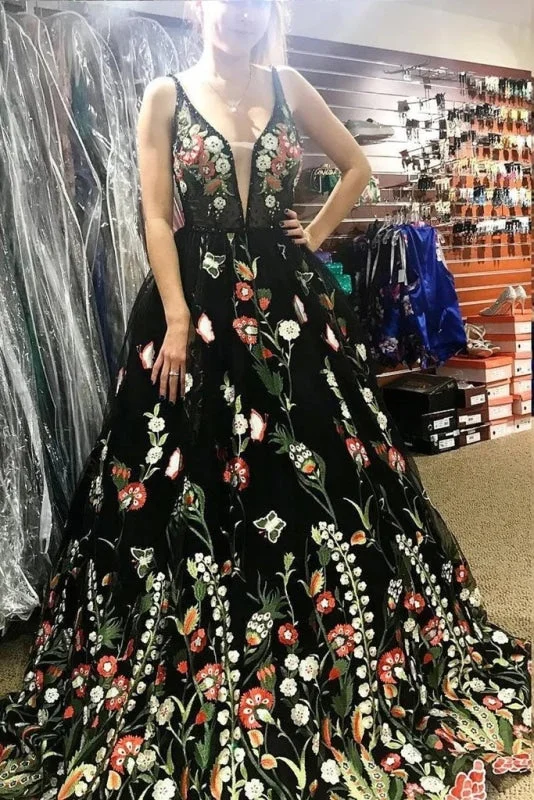 floral print evening dress-Beautiful Deep V Neck Sleeveless Black Long Prom with Flowers Unique Formal Dress