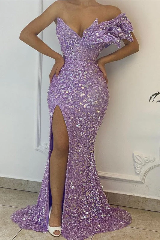 evening dress with plunging neckline-Beautiful Lilac Off-The-Shoulder Mermaid Prom Dress with Sequins and Split