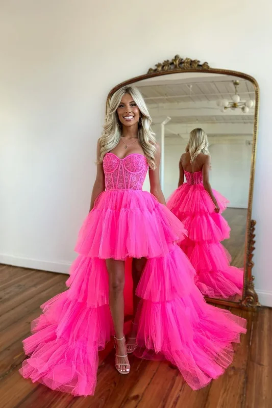 black lace evening gown-Beautiful Rose Prom Dress with Sleeveless Gown Tulle Train