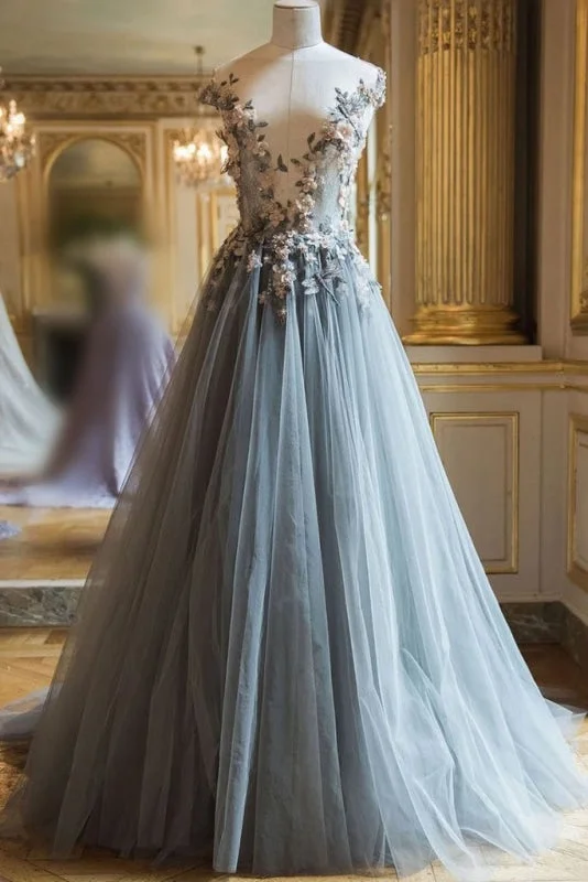 elegant evening wear-Beautiful Sheer Neck Long Tulle Prom Dress with Flowers A Line Cap Sleeves Party Dresses