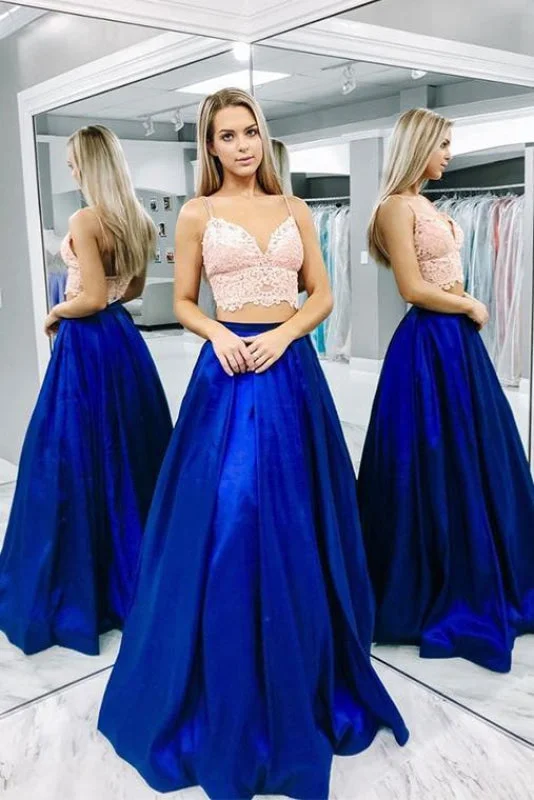 glamorous evening dress-Beautiful Two Pieces Royal Blue Satin Prom Dresses Spaghetti Strap Long Party Dress