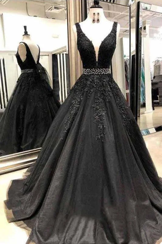 royal blue evening gown-Black Appliques Prom Dress with Beaded Waist A Line Tulle Long Graduation Dresses