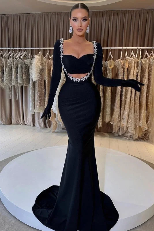 classic black evening dress-Black Beaded Prom Dress with Gloves Sweetheart Long Sleeve Mermaid