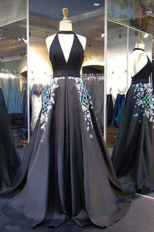 sparkly evening gown-Black Halter Backless Evening Dress Deep V Neck Prom Gown with Appliques