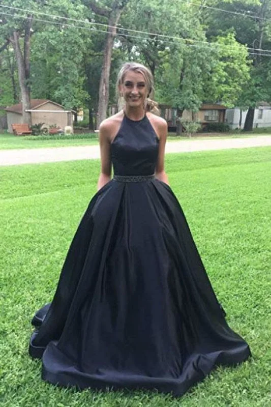 formal red evening gown-Black Halter Satin Prom Beading Long Evening Dress with Pockets