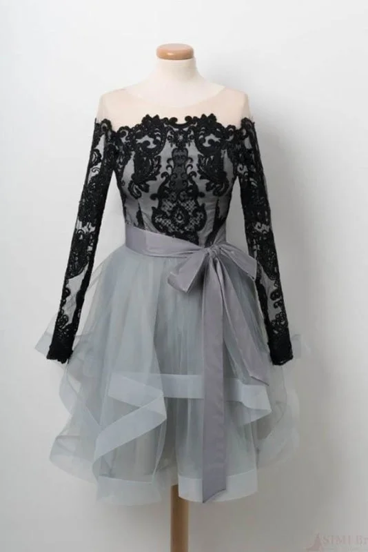 empire waist evening dress-Black Lace Homecoming Dress Long Sleeve Tulle Short Graduation Dresses