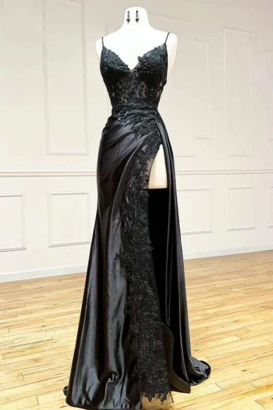 sparkly evening gown-Black Lace Printed Long Prom Dress with High Slit