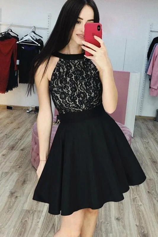 tulle evening dress-Black Lace Satin Simple Cheap Homecoming Dresses Fashion Sleeveless Short Prom Dress