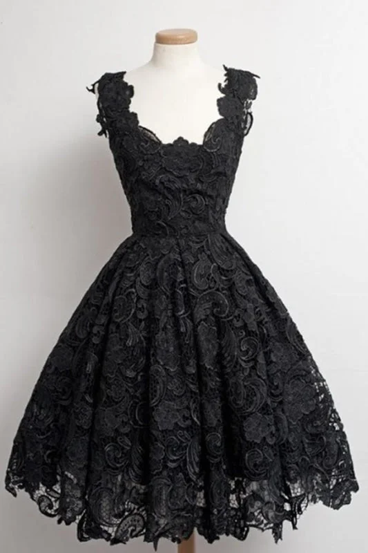 evening dress with ruffles-Black Lace Strap Prom Homecoming Dress