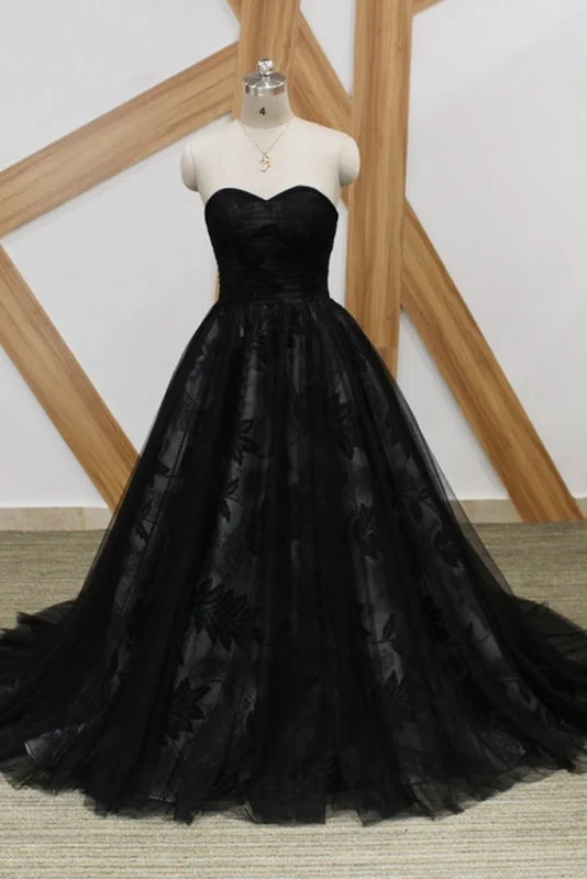 sheer sleeve evening dress-Black Lace Strapless Sweet 16 Prom Long Tulle Graduation Dress