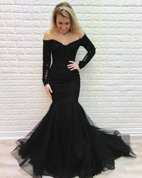 evening gown with embroidery-Black Mermaid Off the Shoulder Prom Dresses with Long Sleeves