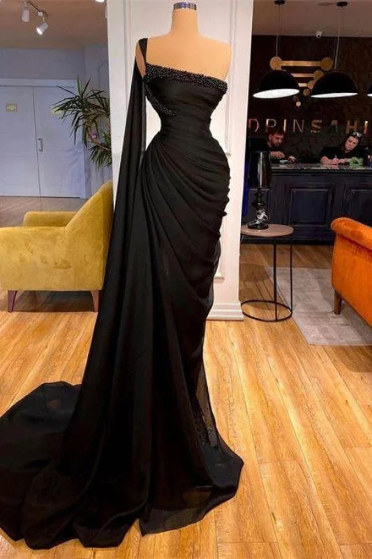 classic black evening dress-Black Mermaid Prom Dress with Ruffles, Beads