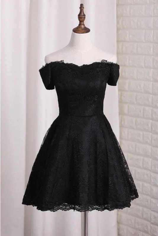 evening dress with mesh overlay-Black Off Shoulder Lace Homecoming Dress A Line Cheap Short Graduation Dresses