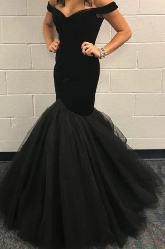 cap sleeve evening gown-Black Off the Shouder Mermaid Prom Dresses Evening Gowns